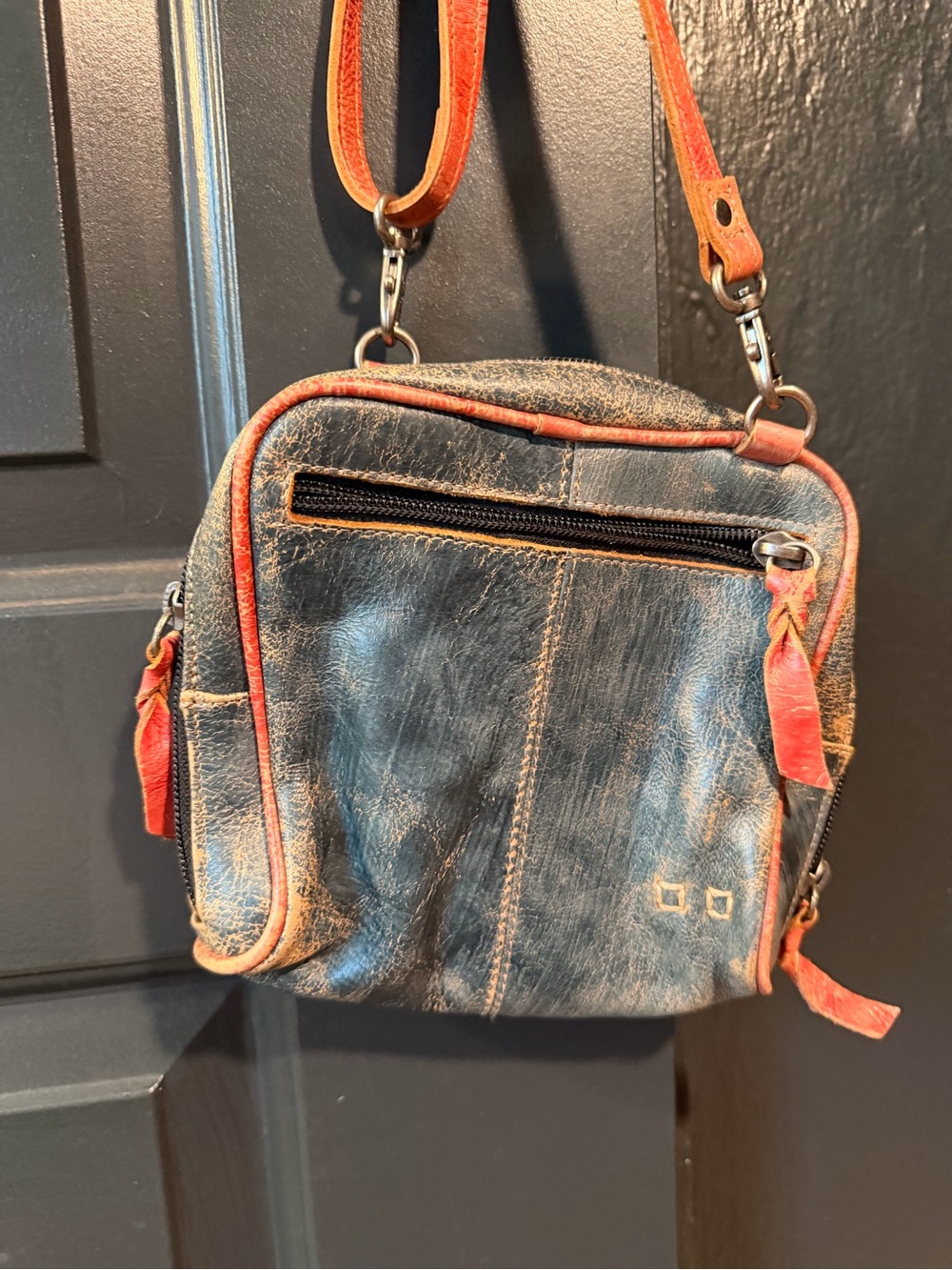 Bed Stu Teal and Red Capture Distressed Leather Crossbody Bag